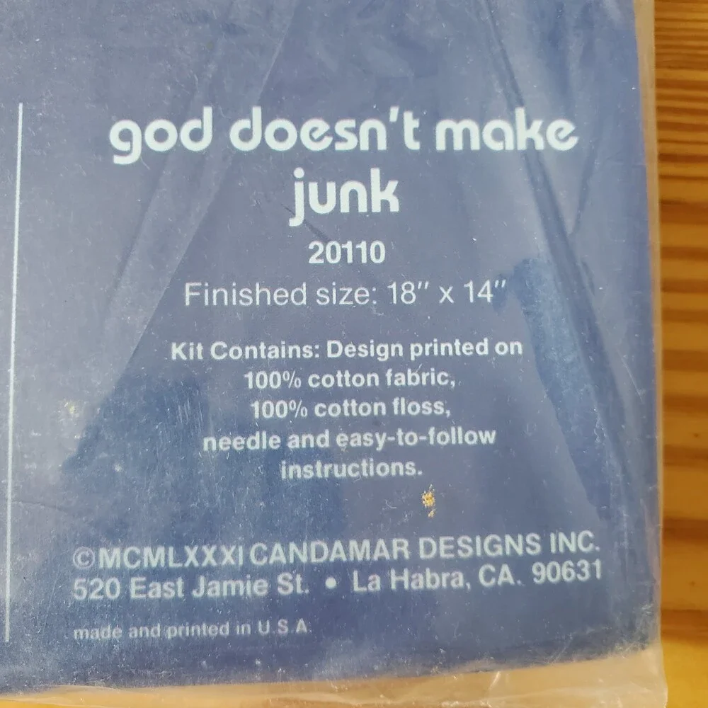 Vintage 1981 18x14 Cross Stitch Kit God Doesn't Make Junk Something Special